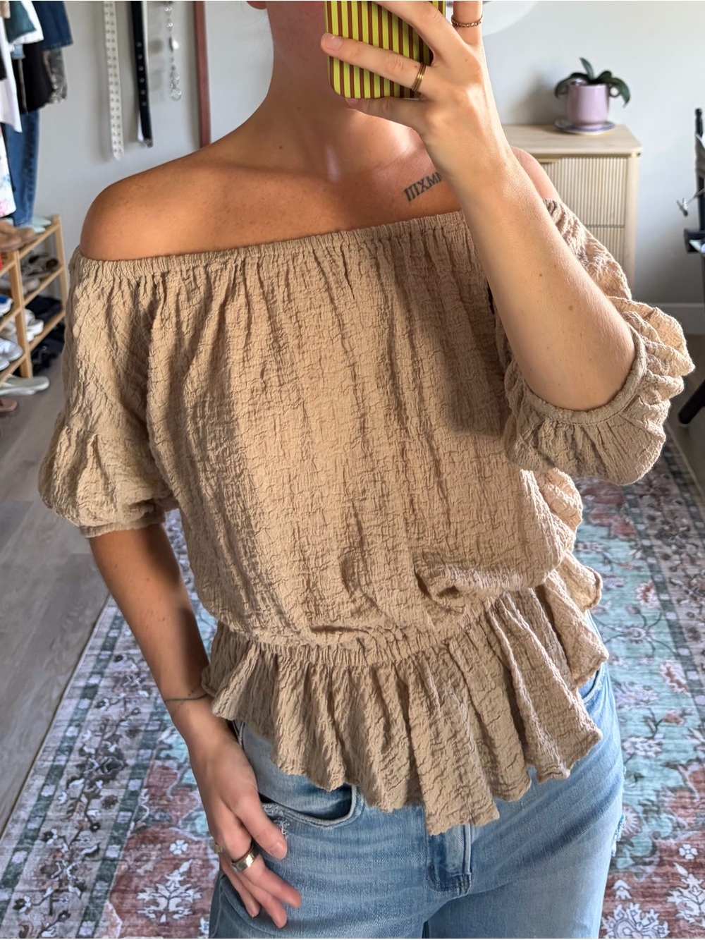 Free People Beige Off Shoulder Peplum Blouse Size XS